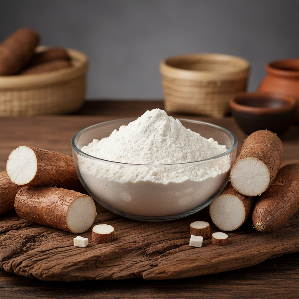 Premium cassava flour in bowl with cassava roots