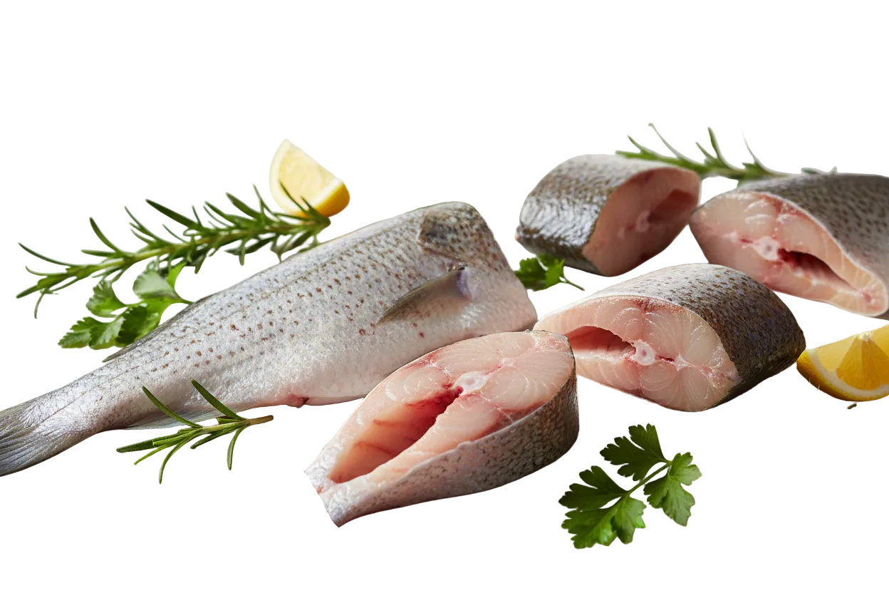 Fresh croaker fish cut into steaks showing sides and cross-section