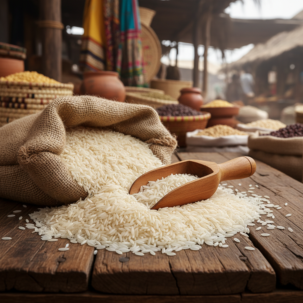 Premium long grain white rice in burlap sack with wooden scoop